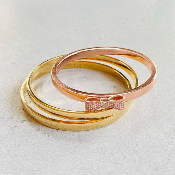 Set of 3 Kate Spade Bangles Bracelets Heart of Gold & Rose Gold Bow - Picture 2 of 6